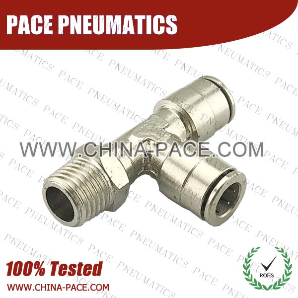 Male Run Tee Camozzi Type Brass Push In Air Fittings, All Brass Pneumatic Fittings, Nickel Plated Brass Air Fittings, Full Brass Push To Connect Fittings, one touch tube fittings, Push In Pneumatic Fittings